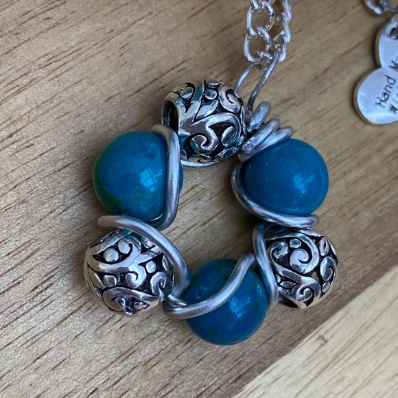 New Handcrafted Artisan Wire Wrapped Chrysocolla Stone & Filigree Bead Necklace - Picture 4 of 5